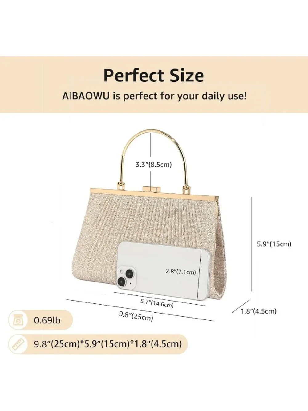 Women's Gold Glitter Pleated Clutch Purse For Sparkly Evening Wedding Bag
